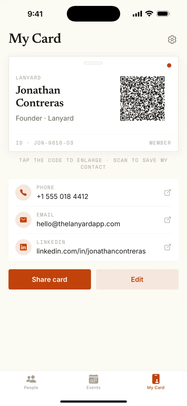 Lanyard My Card screen showing a QR code encoding a vCard alongside phone, email and LinkedIn fields