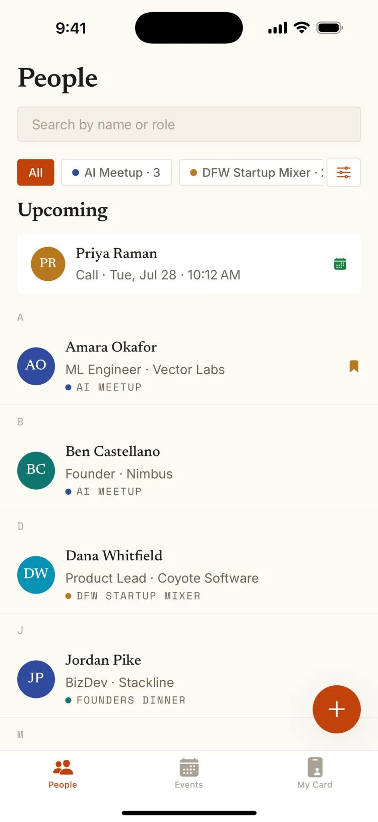 Lanyard People tab listing contacts with the event each was met at, above per-event filter chips