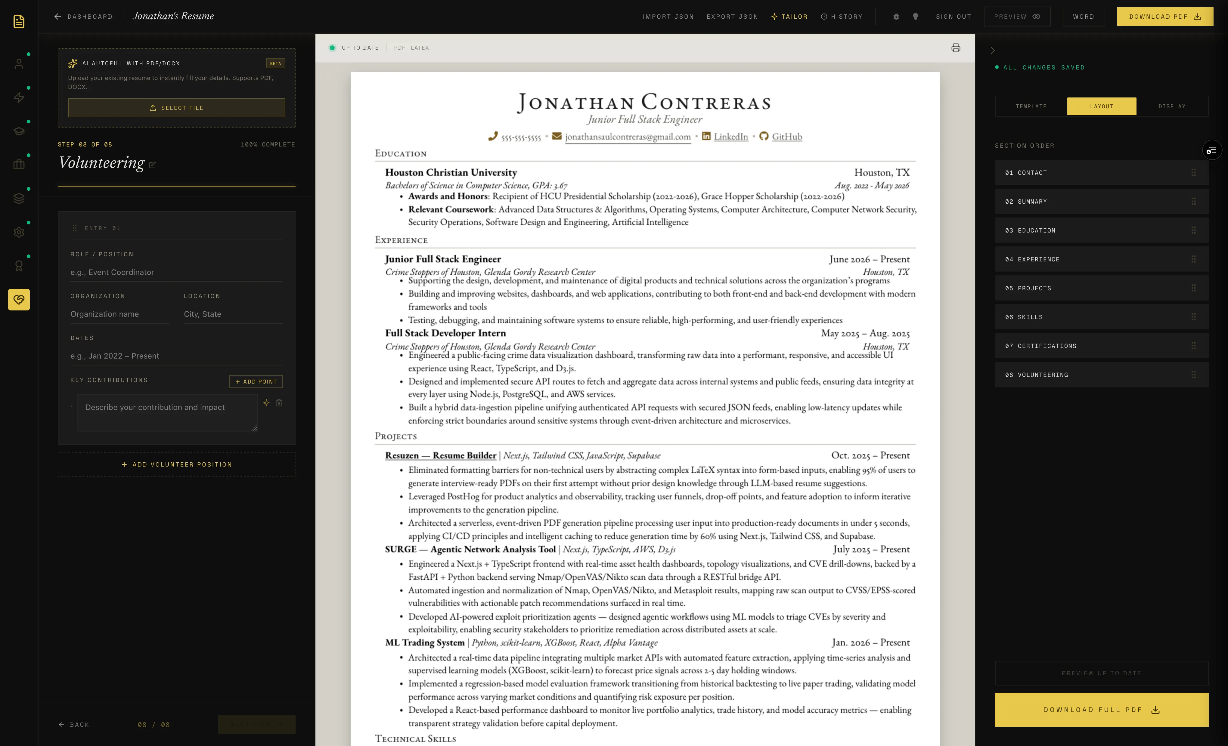 Resuzen builder with a live PDF preview and the drag-to-reorder section list