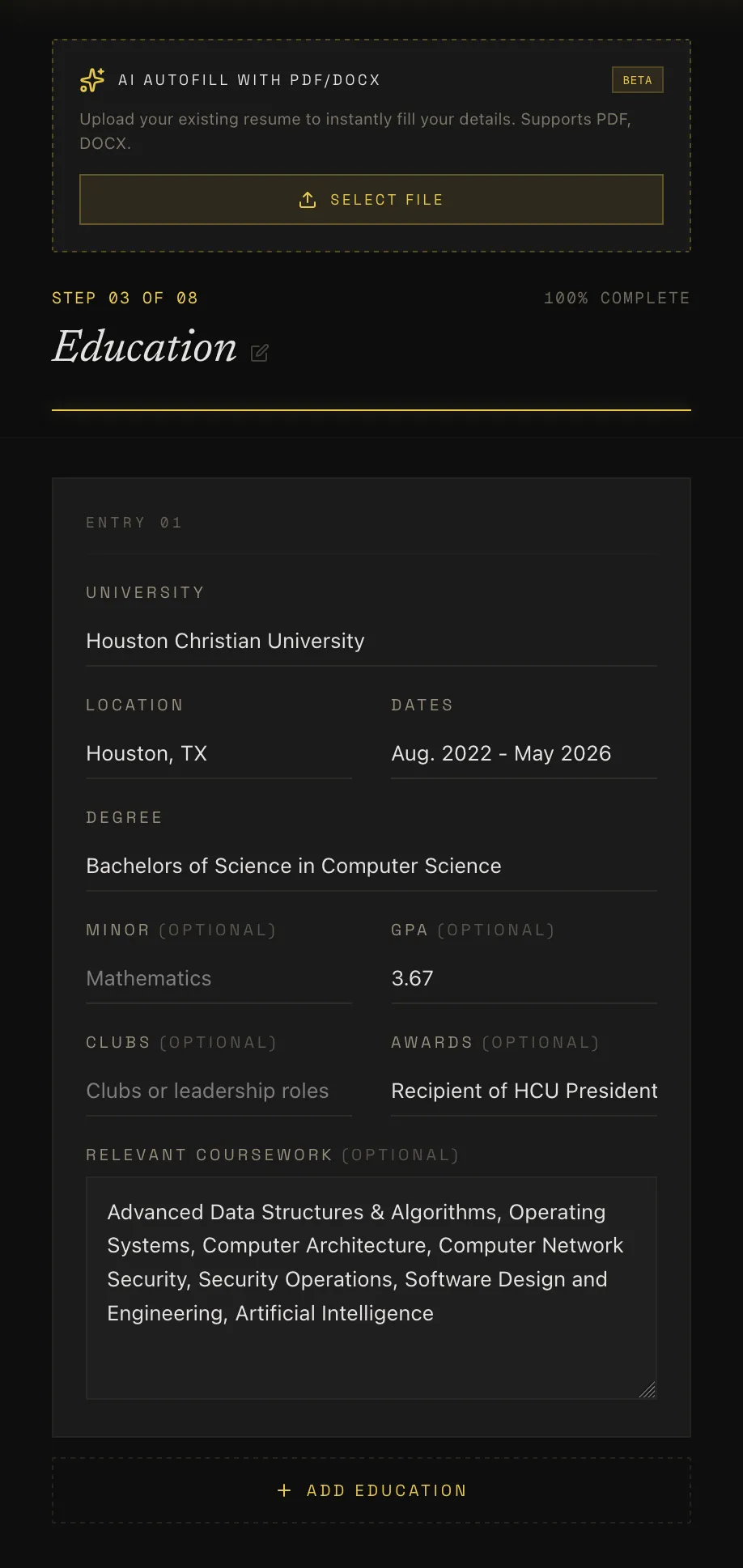 Education section form with guided optional fields and AI autofill