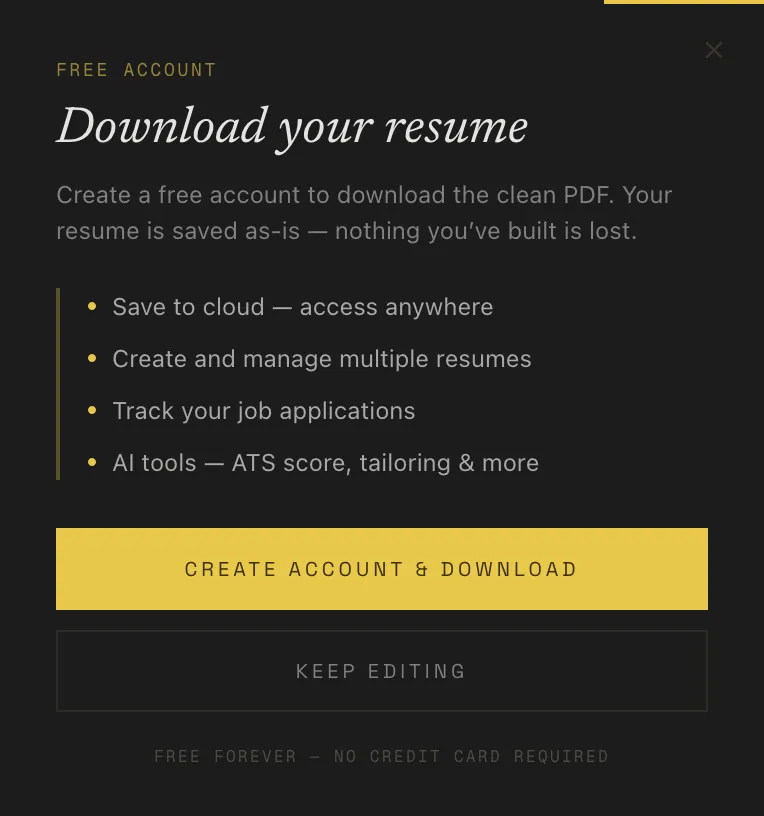 Signup gate modal for downloading the clean resume PDF