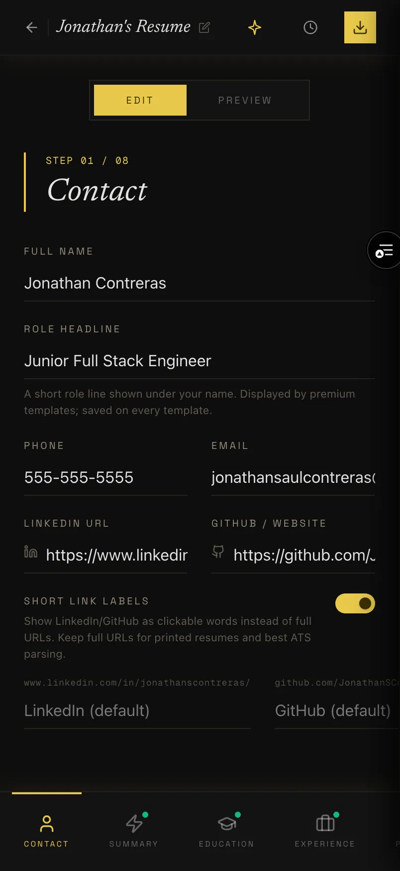 Resuzen mobile responsive view with an edit/preview toggle