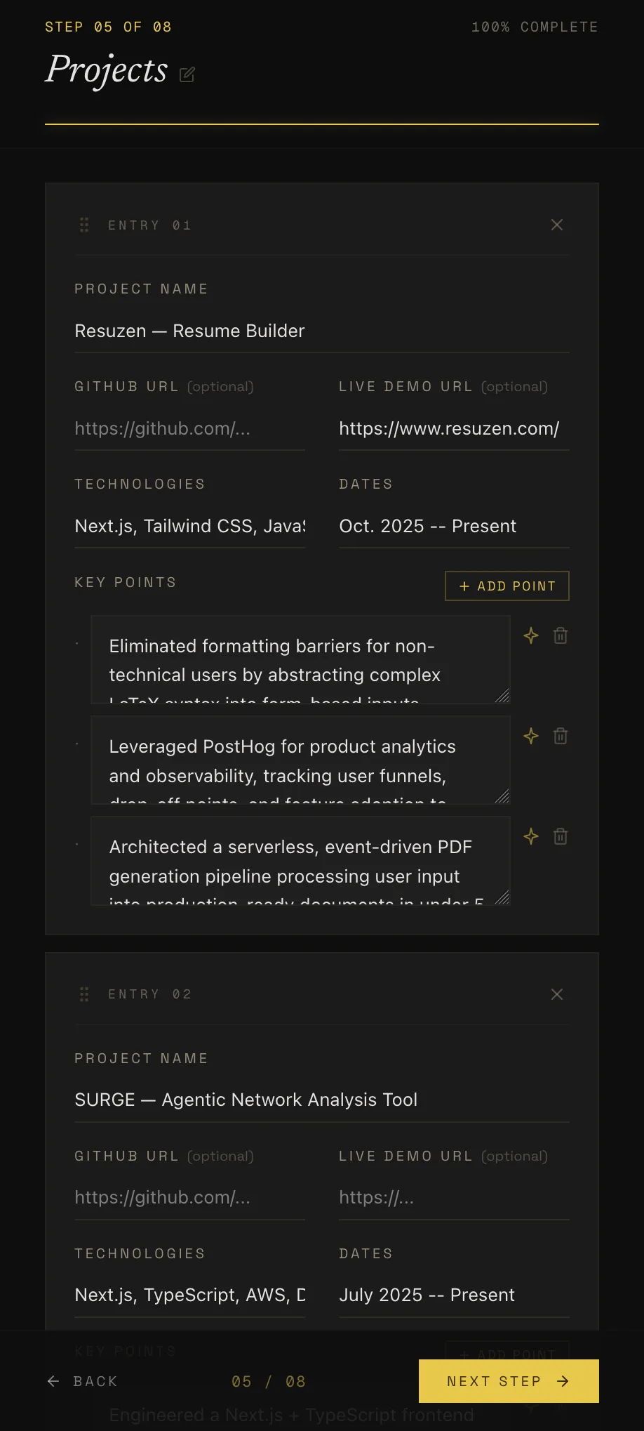 Projects section with multiple entries and per-bullet AI assist