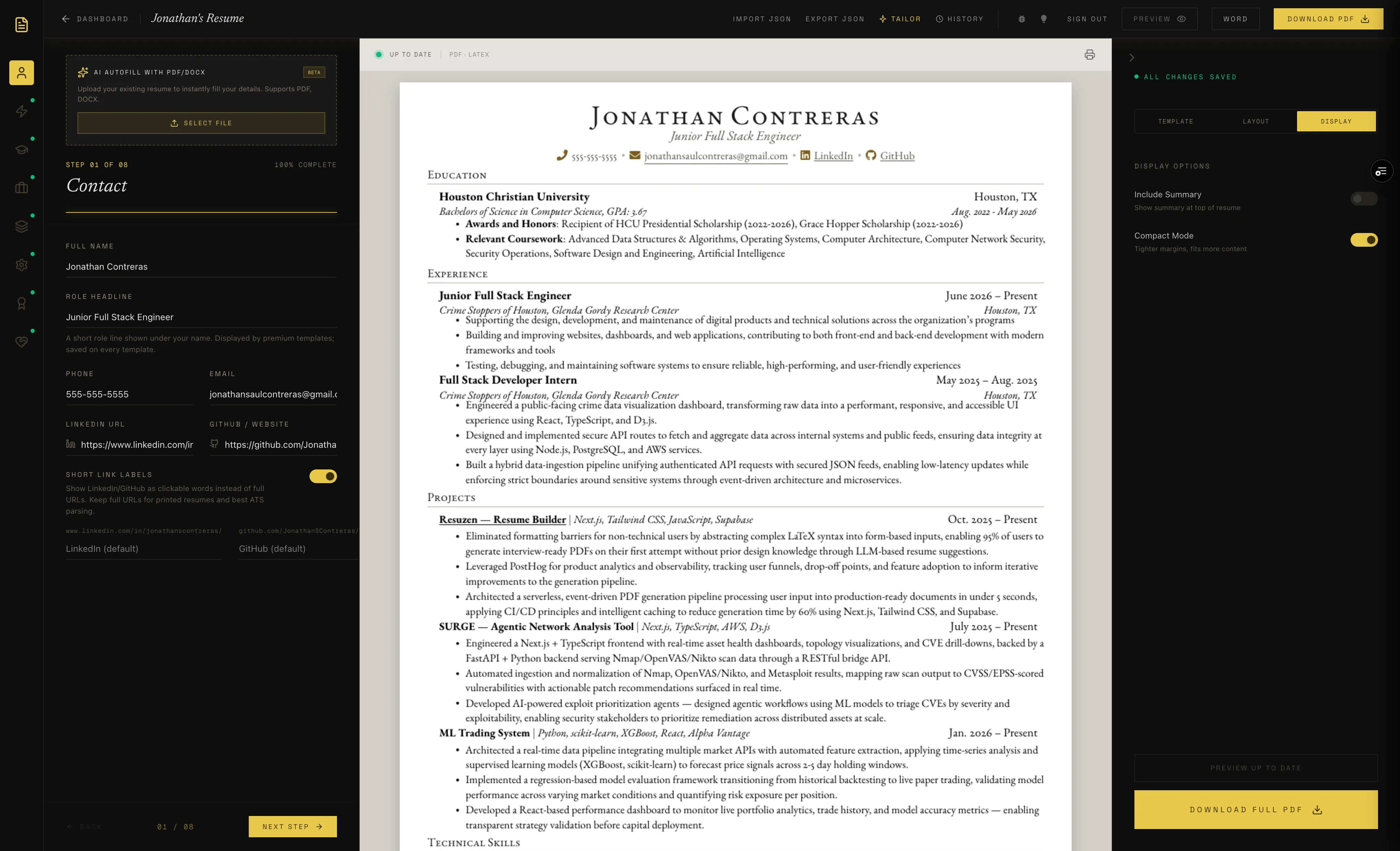 Resuzen builder showing the live preview and display-options panel