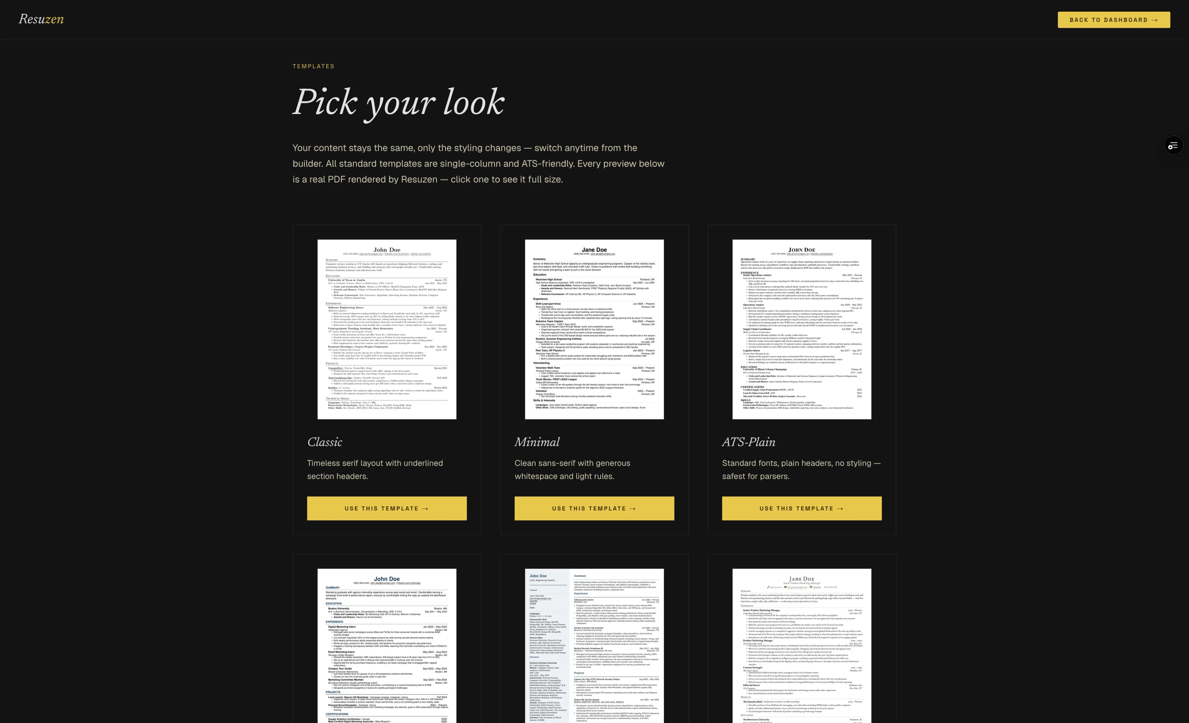 Template gallery showing a real PDF preview of each template