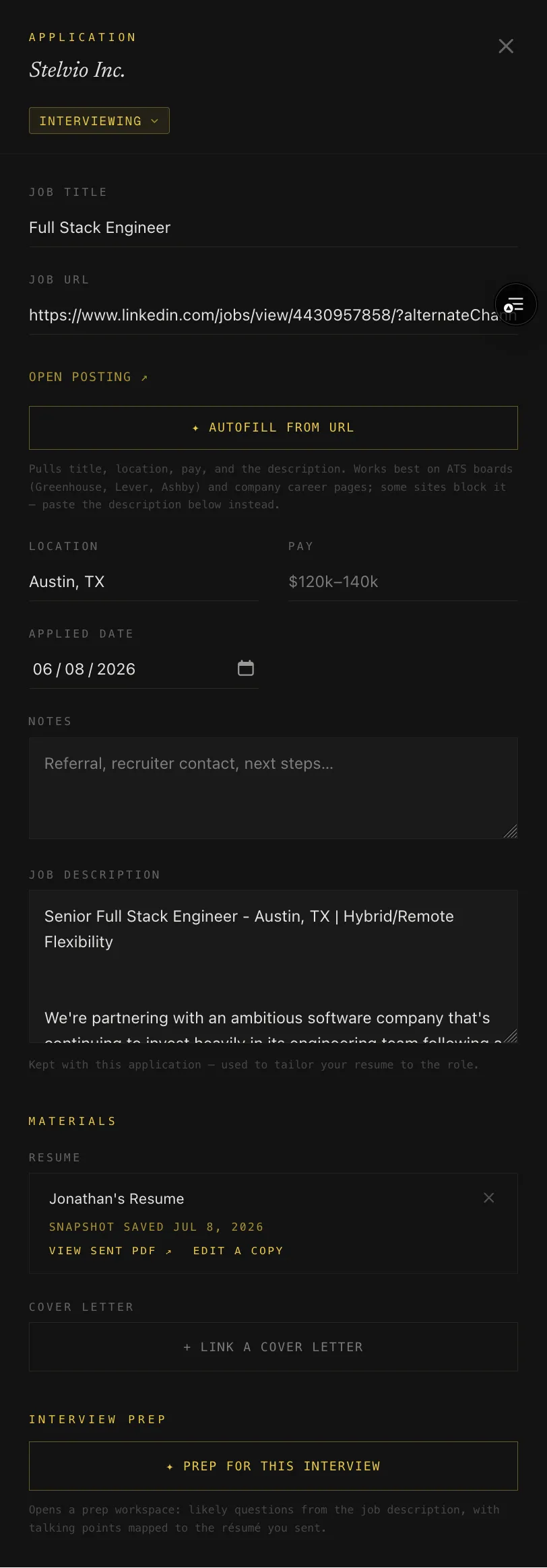 Application tracker detail with a job description and a prep-for-this-interview action