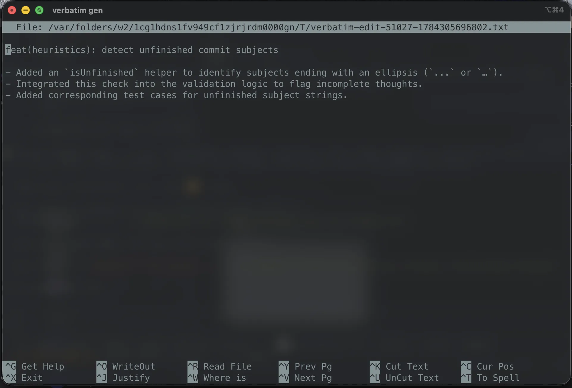 A generated conventional-commit message open in the terminal editor before committing