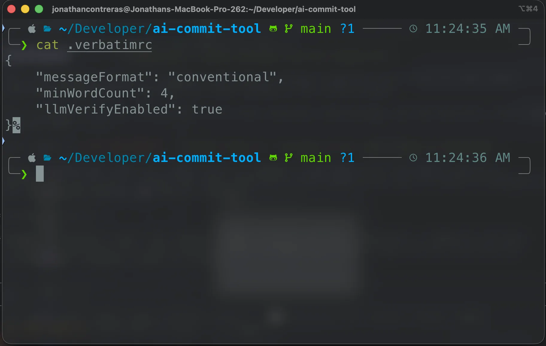 A .verbatimrc JSON file setting conventional format, a minimum word count, and LLM verify